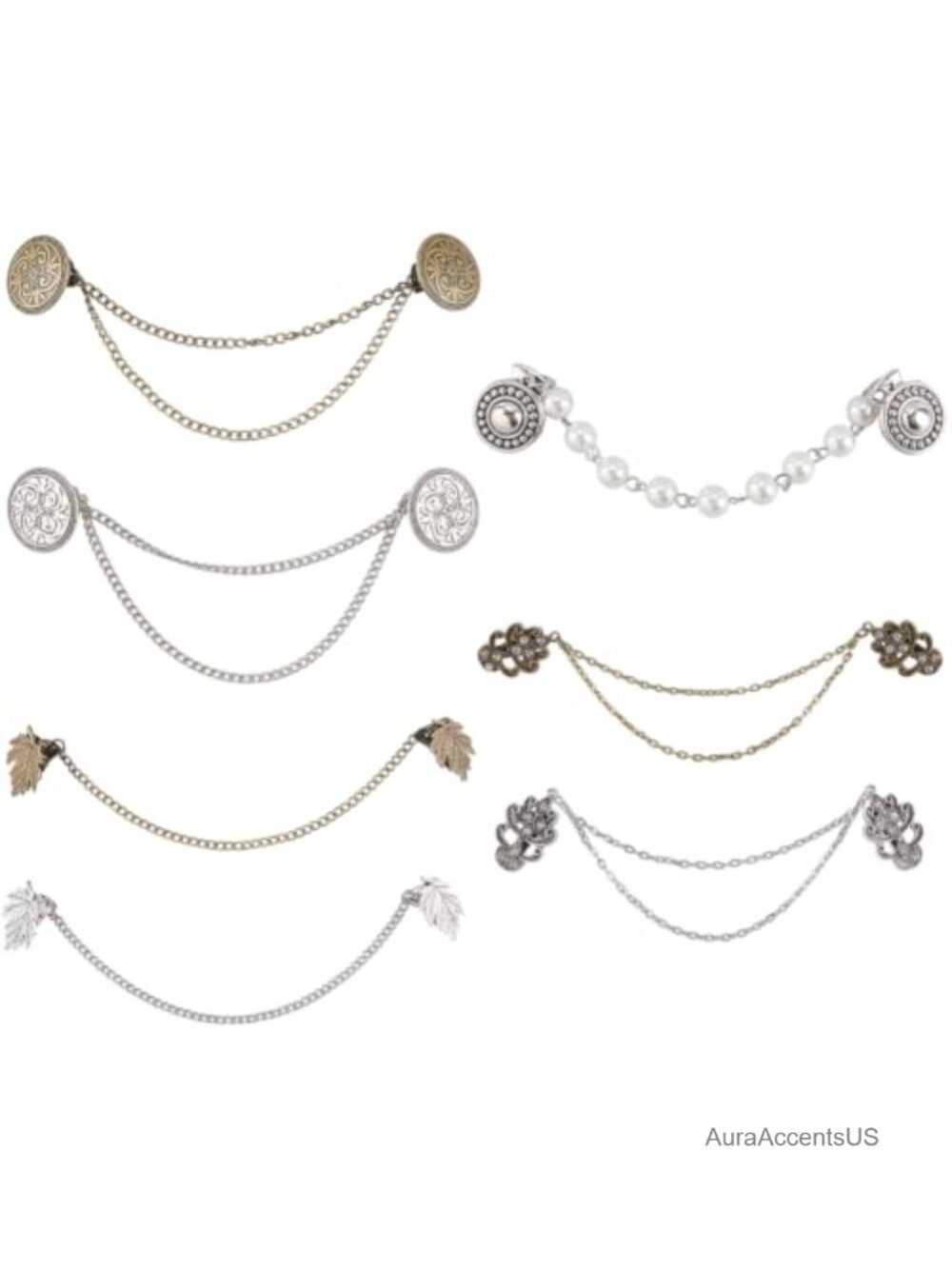 Retro Sweater Shawl Clips Set of 7 with Chain Brooch Pins, Metal Alloy Cloak